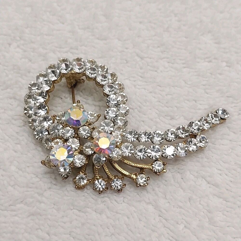 Vintage Bouquet Swirl Aurora & Clear Rhinestone Pin Brooch 1 1/2" X 2 1/2" #J312